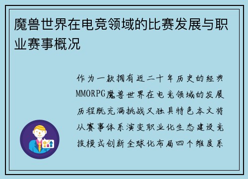 魔兽世界在电竞领域的比赛发展与职业赛事概况